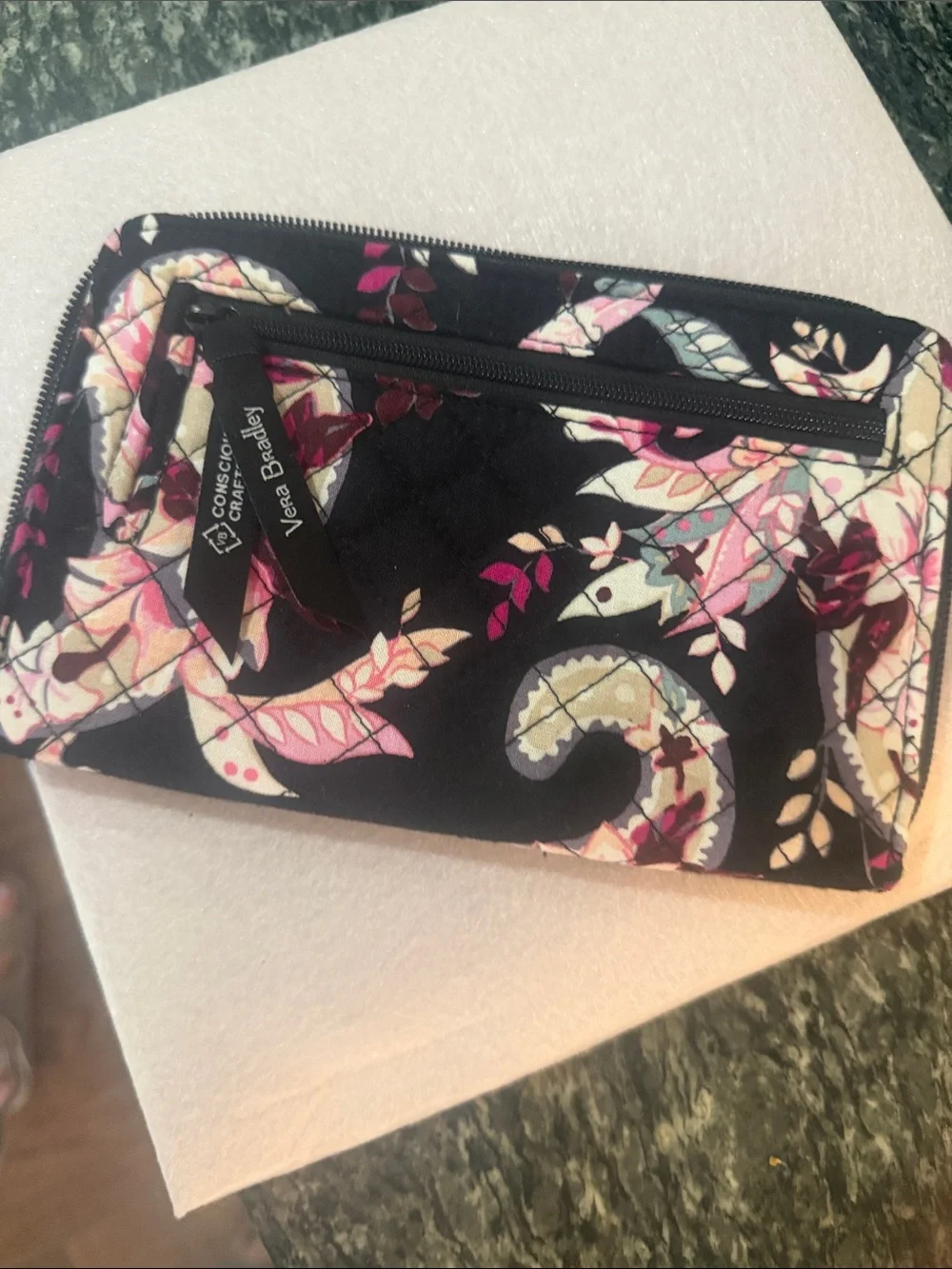 Vera Bradley Black Floral Quilted Wristlet with Pink and Cream Accents
